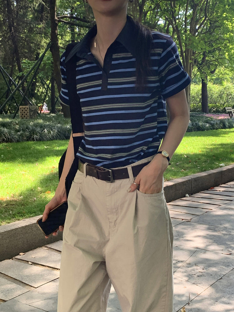 美色翻領撞色條紋上衣