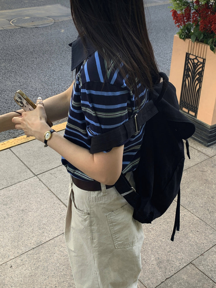 美色翻領撞色條紋上衣