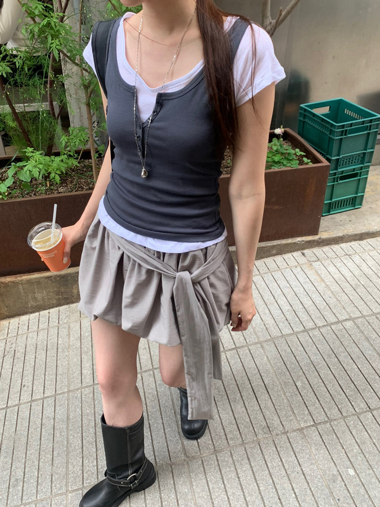 微透U領修腰上衣