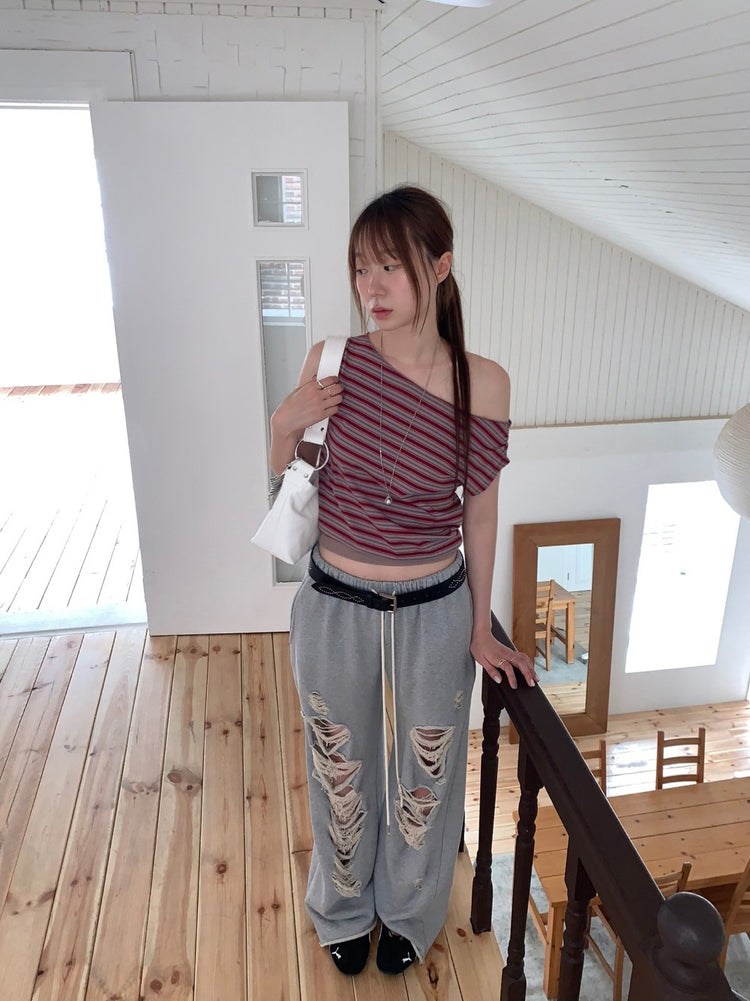 美肩撞色條紋束口細節上衣