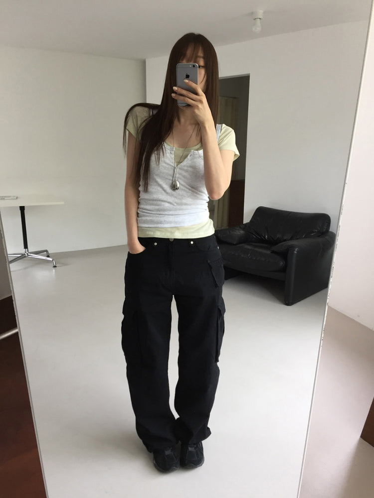 微透U領修腰上衣