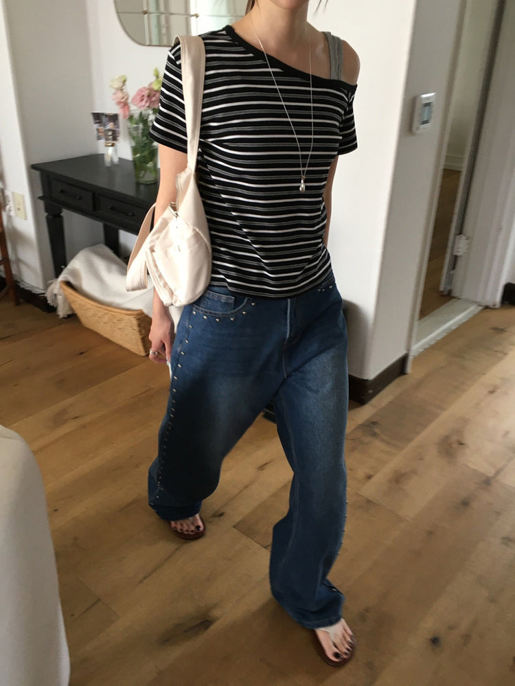 美肩撞色條紋上衣