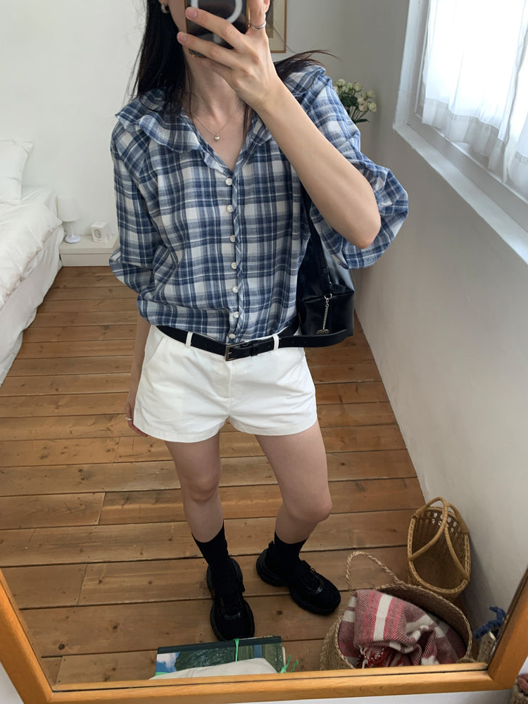 格紋翻領片束袖上衣