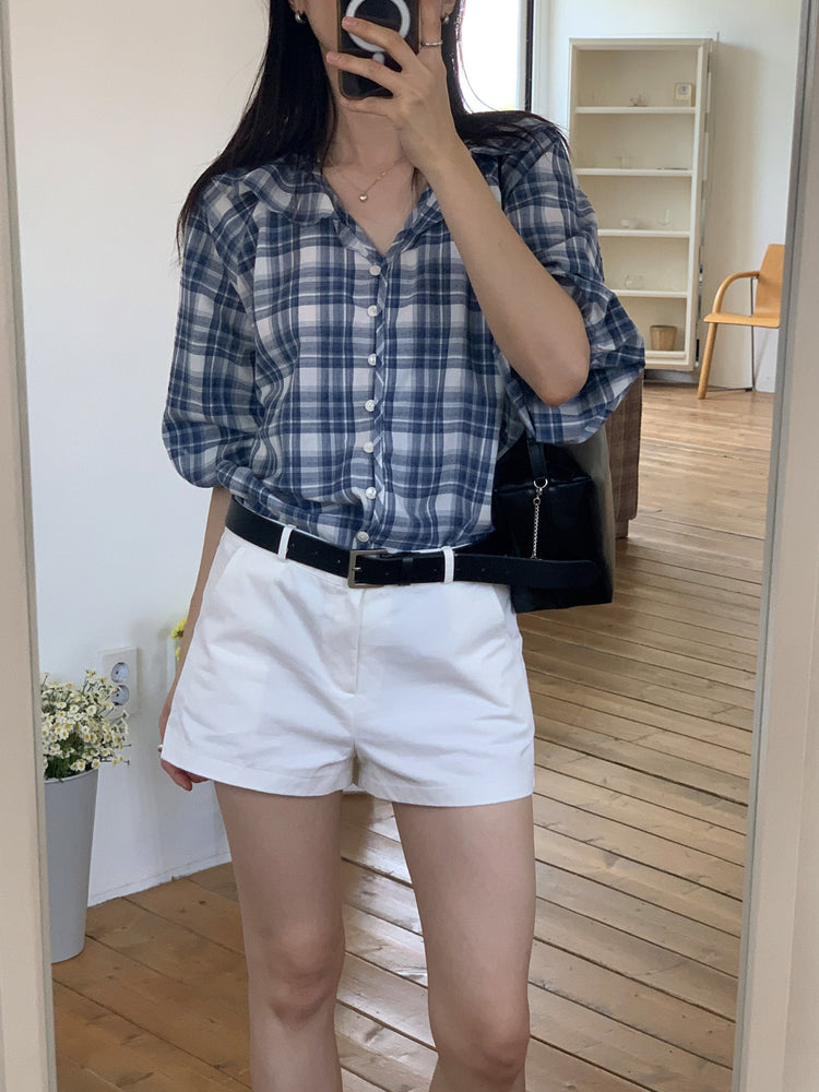 格紋翻領片束袖上衣