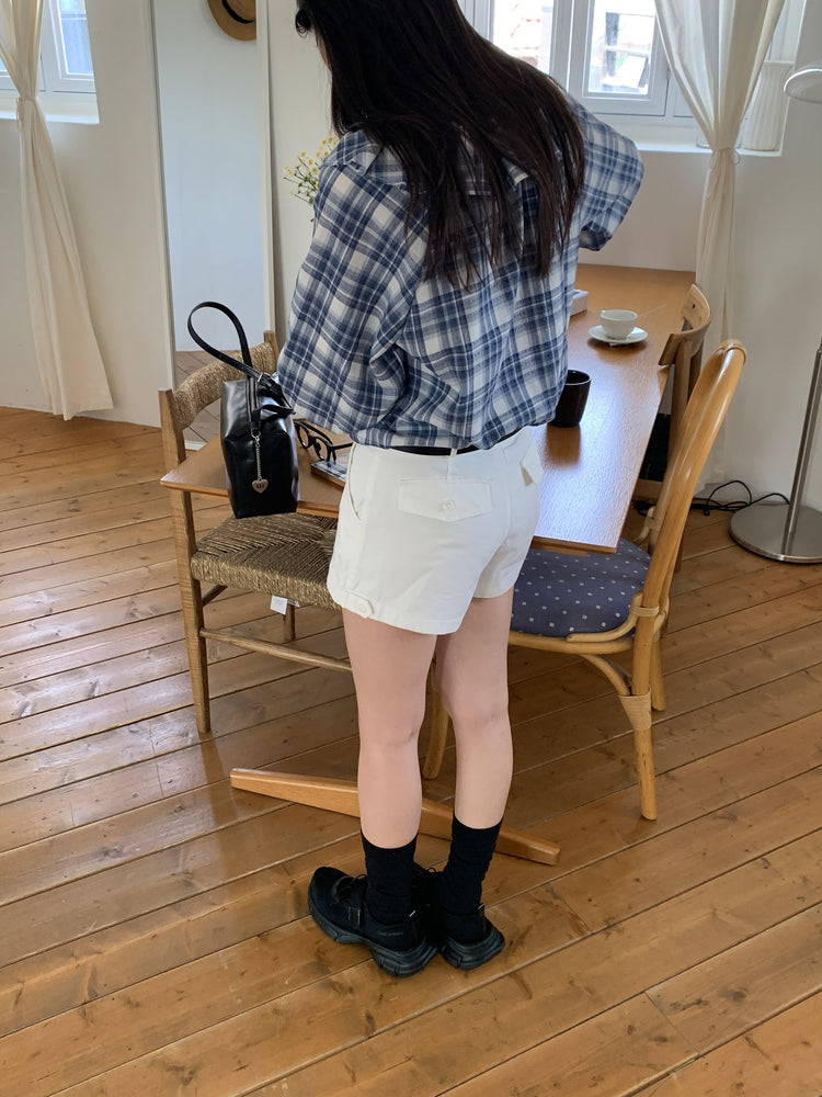 格紋翻領片束袖上衣