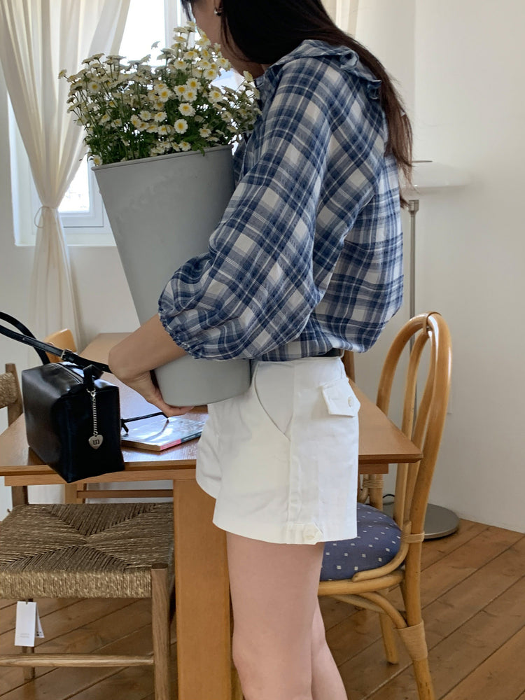 格紋翻領片束袖上衣