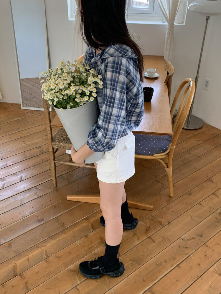 格紋翻領片束袖上衣