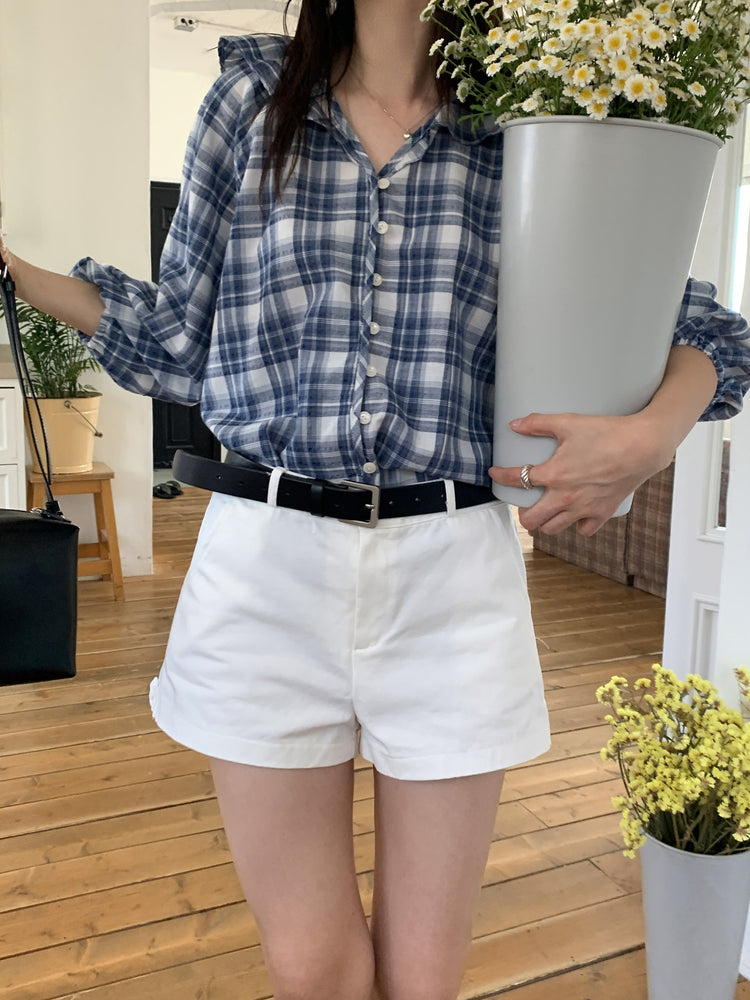 格紋翻領片束袖上衣