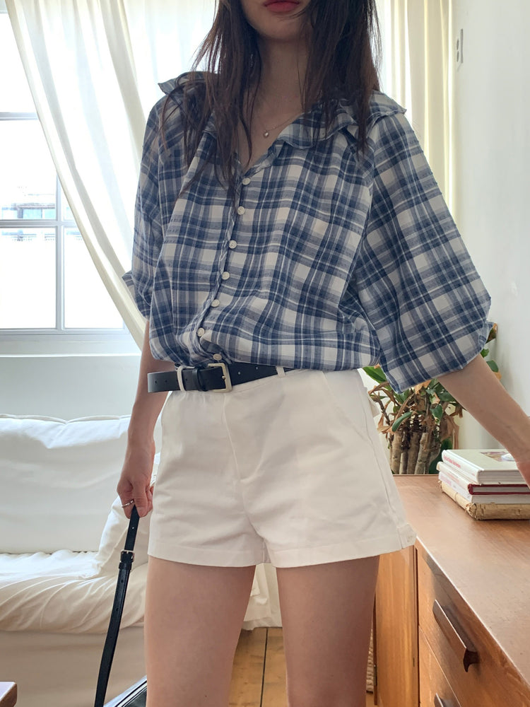 格紋翻領片束袖上衣