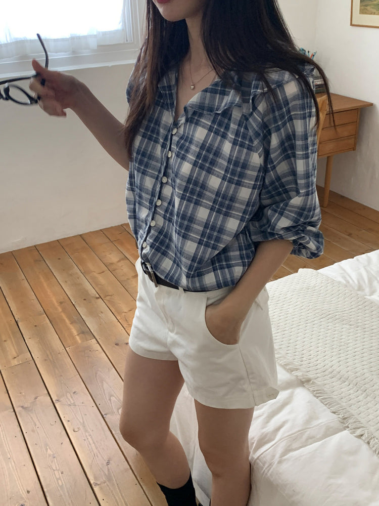 格紋翻領片束袖上衣