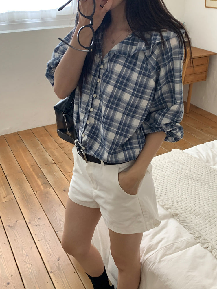 格紋翻領片束袖上衣