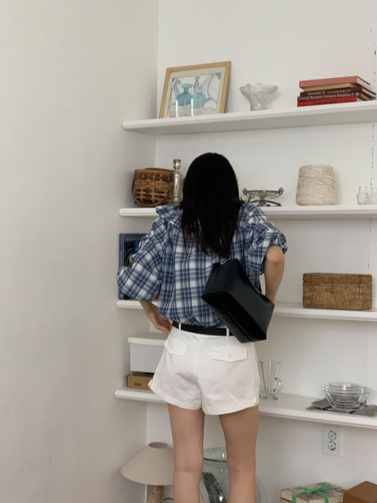 格紋翻領片束袖上衣
