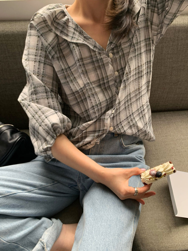 格紋翻領片束袖上衣