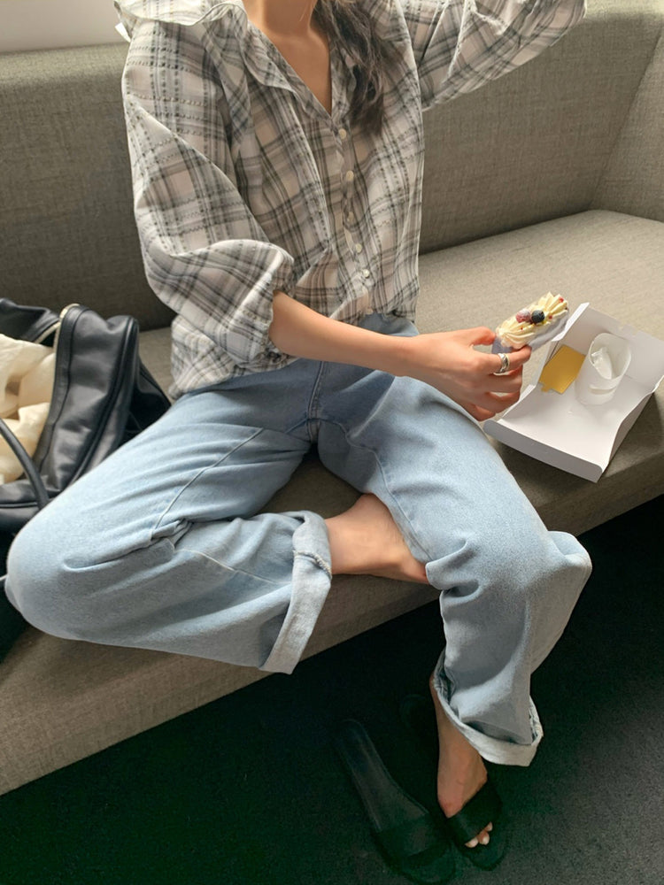 格紋翻領片束袖上衣