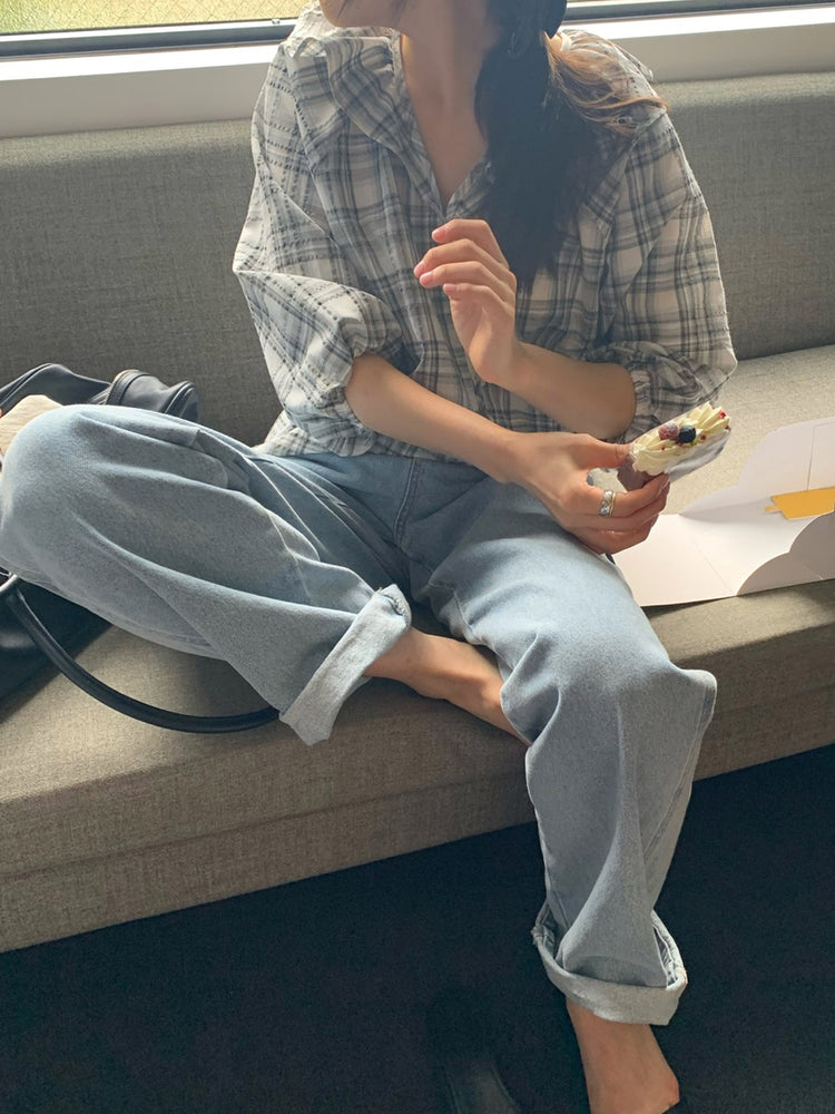格紋翻領片束袖上衣