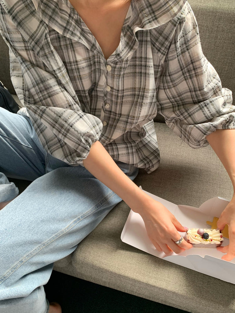 格紋翻領片束袖上衣