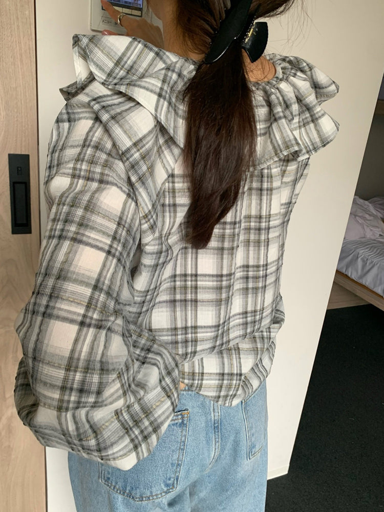 格紋翻領片束袖上衣