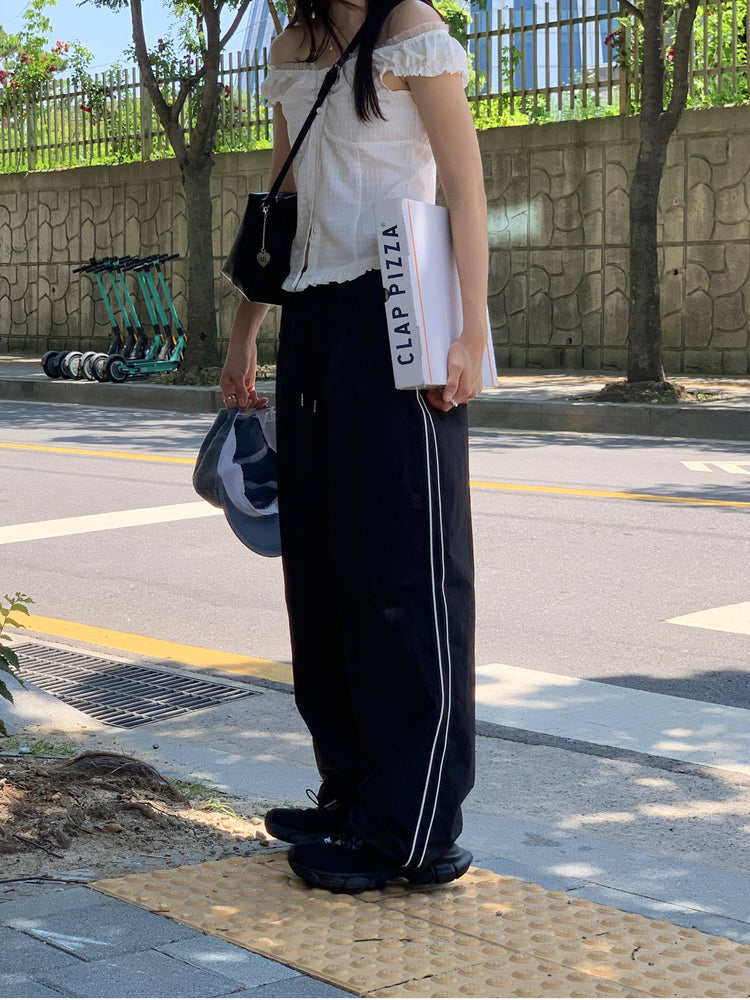 尼龍側撞色壓線休閒褲