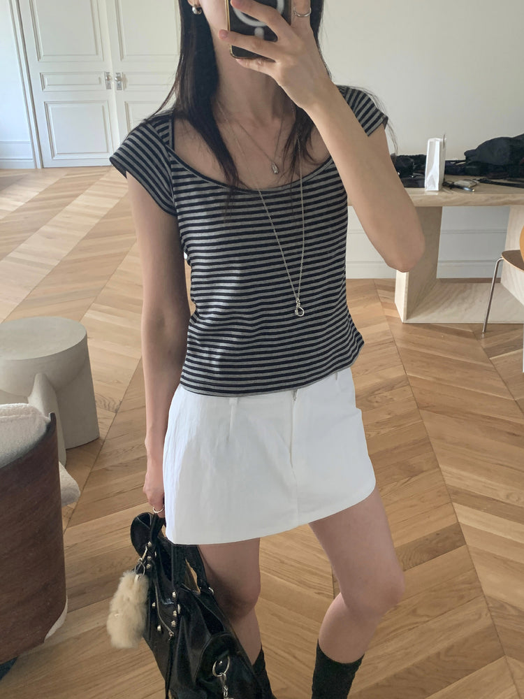 美鎖骨細節條紋上衣