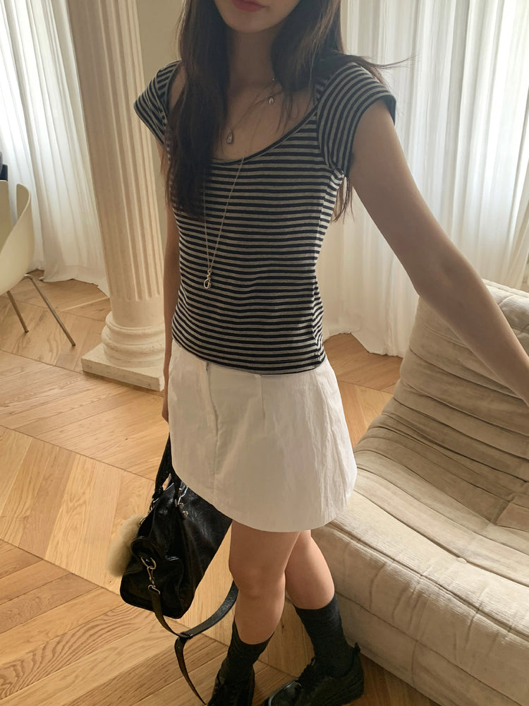 美鎖骨細節條紋上衣