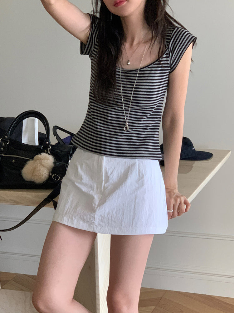 美鎖骨細節條紋上衣