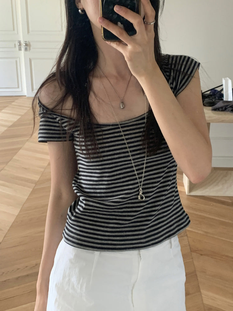 美鎖骨細節條紋上衣
