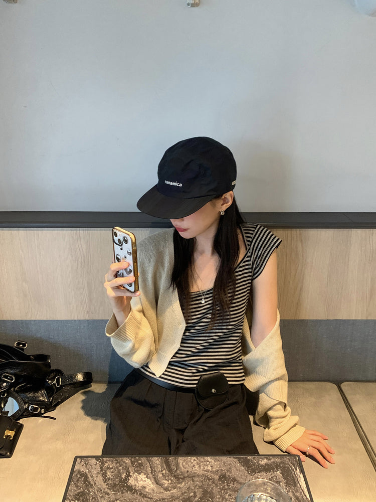 美鎖骨細節條紋上衣