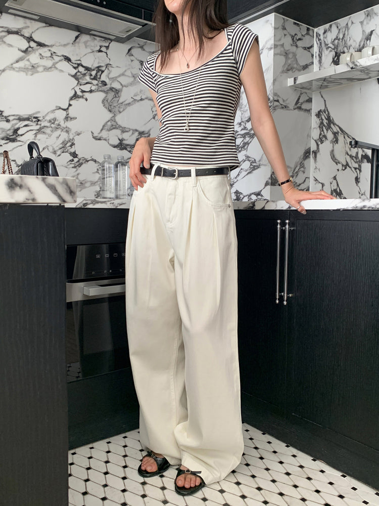 美鎖骨細節條紋上衣