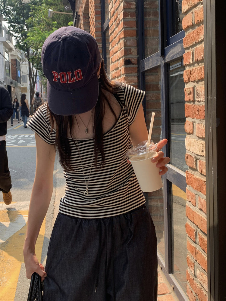 美鎖骨細節條紋上衣