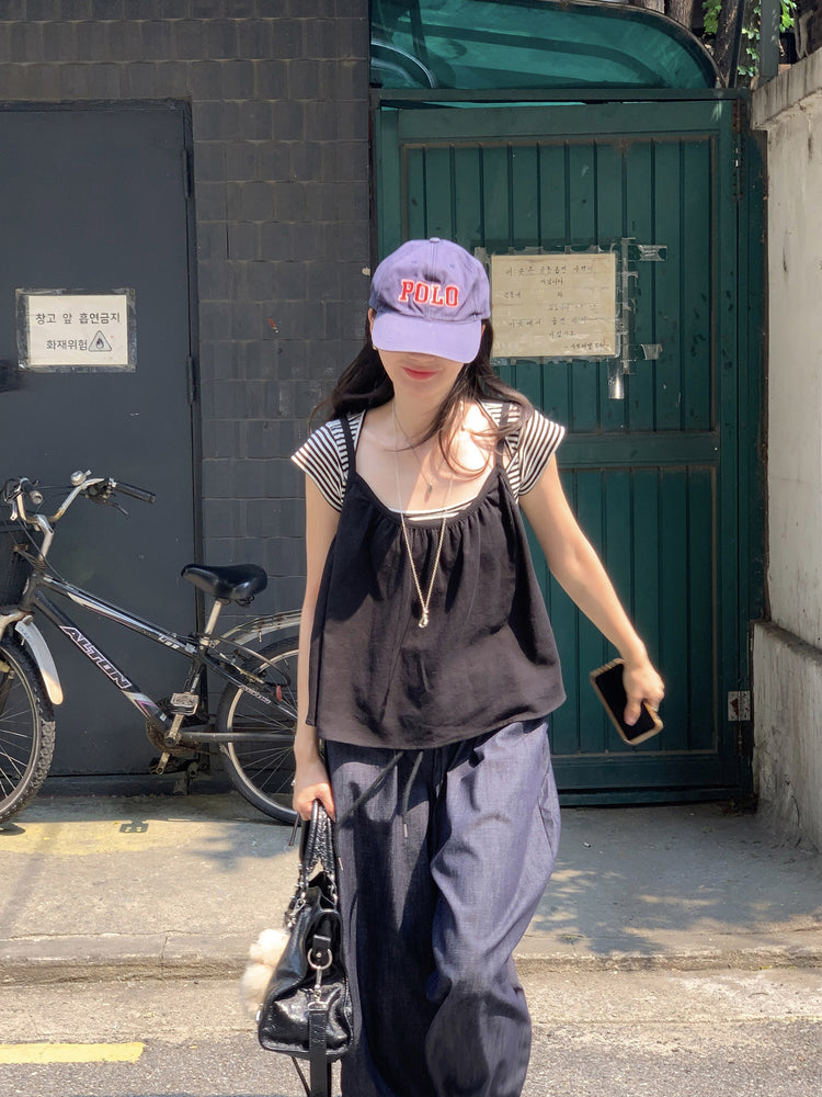 美鎖骨細節條紋上衣