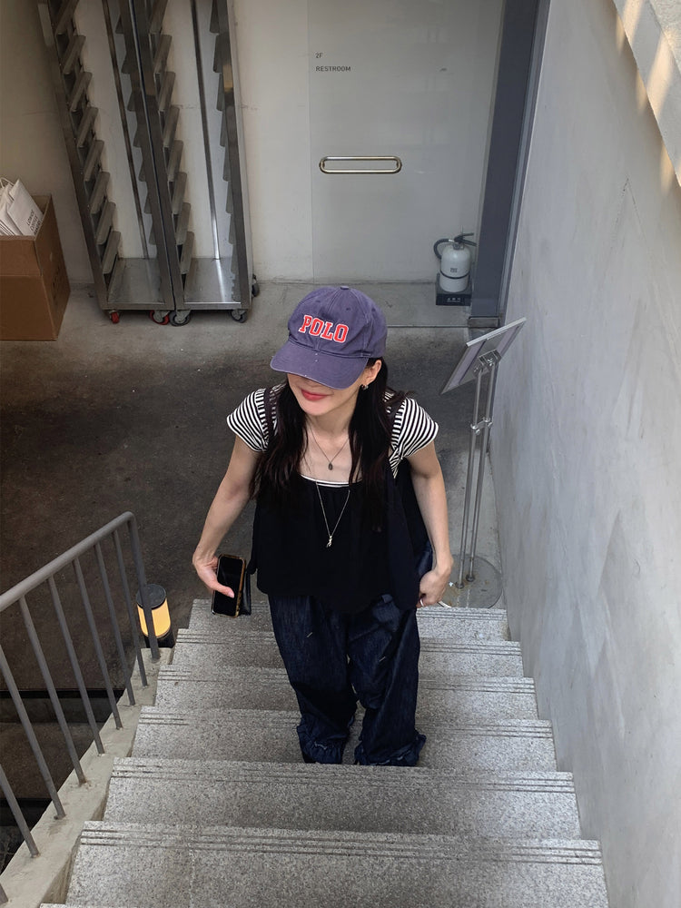 美鎖骨細節條紋上衣