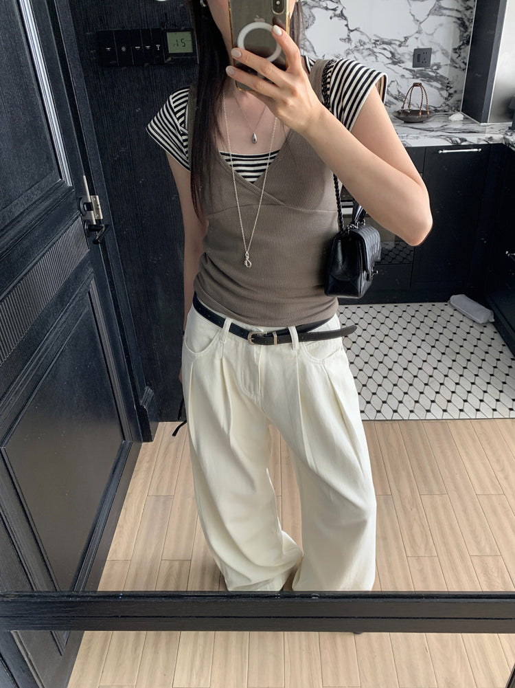 美鎖骨細節條紋上衣