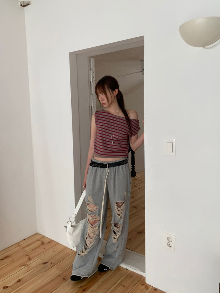 美肩撞色條紋束口細節上衣