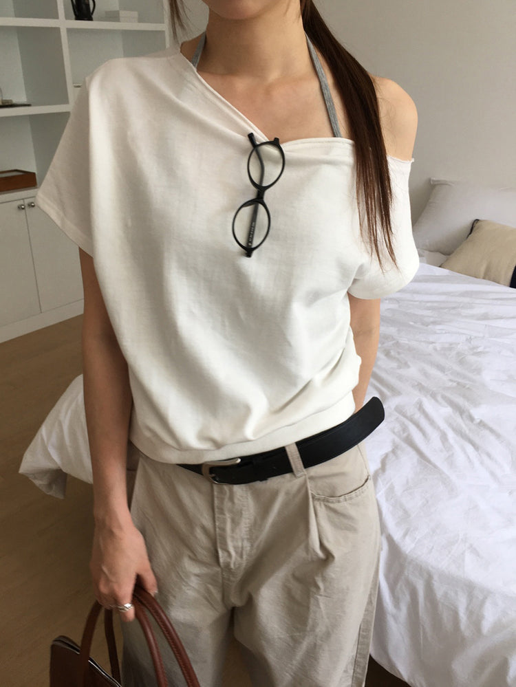 側露肩修腰休閒上衣