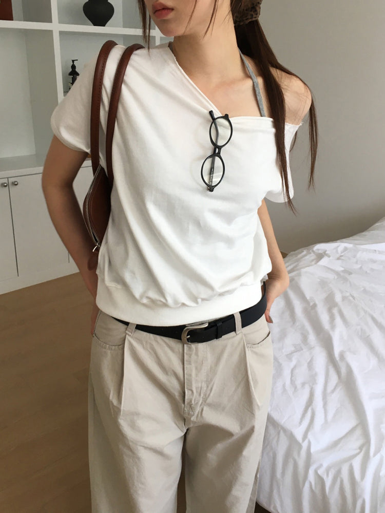 側露肩修腰休閒上衣