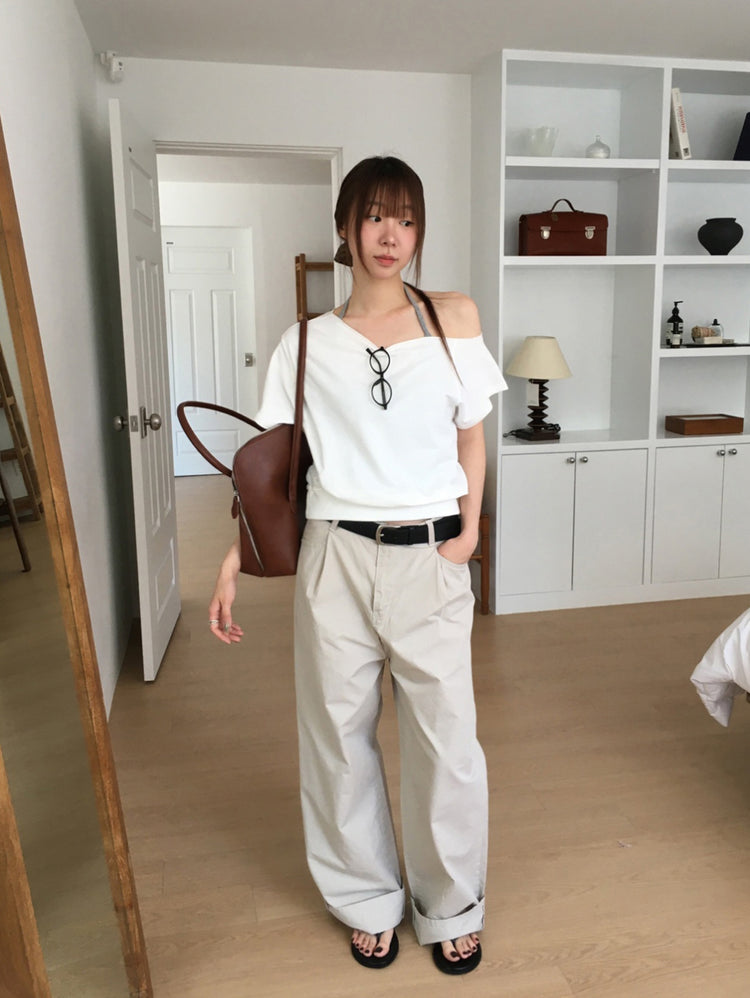 側露肩修腰休閒上衣