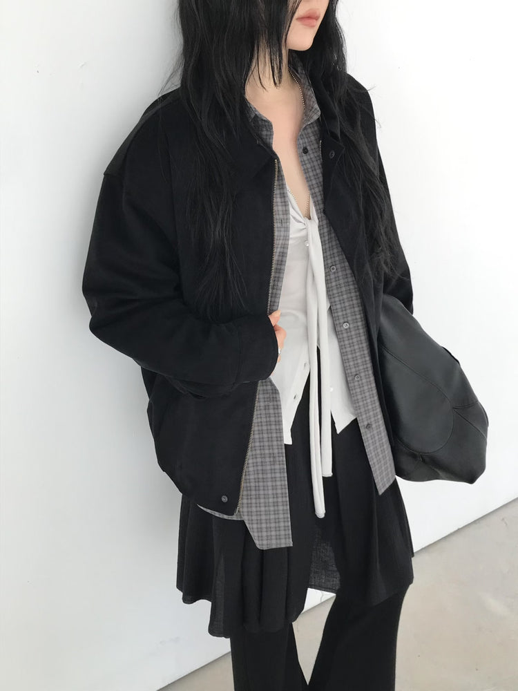 高質麂皮銀扣抓褶細節外套