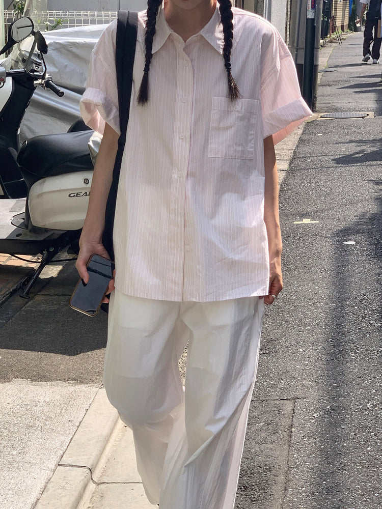 高質條紋寬鬆短袖襯衫