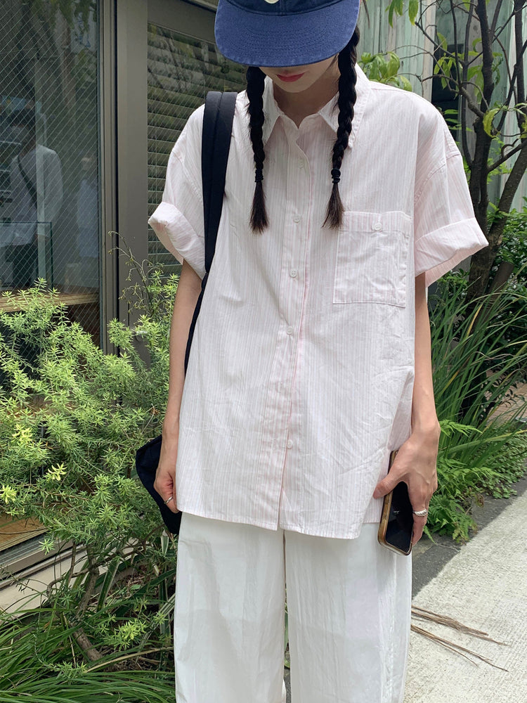 高質條紋寬鬆短袖襯衫