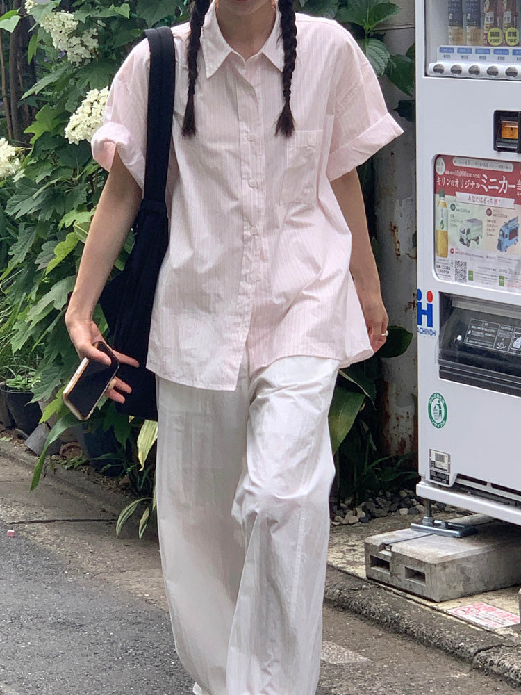 高質條紋寬鬆短袖襯衫