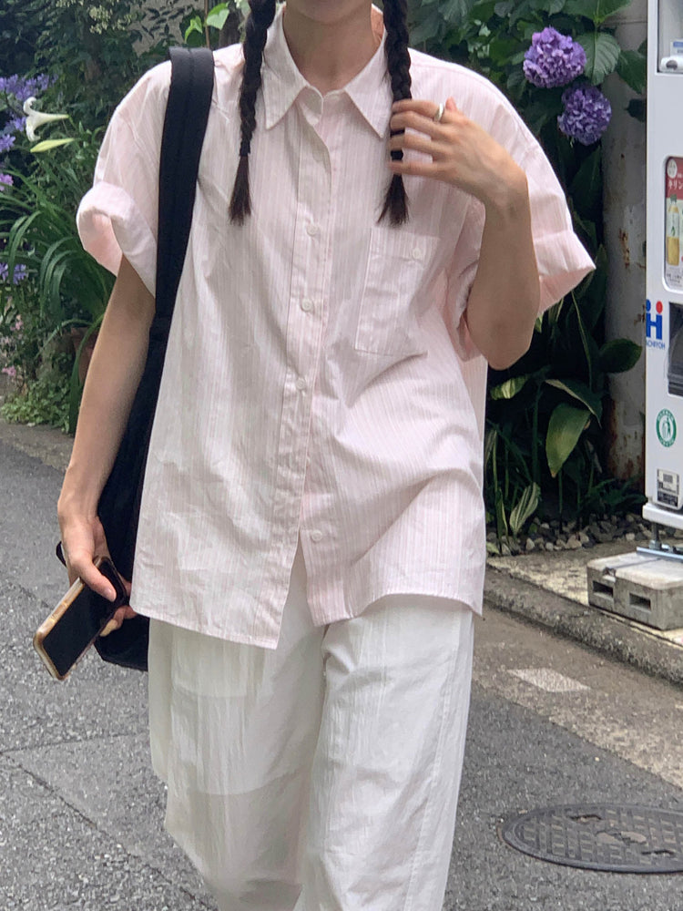 高質條紋寬鬆短袖襯衫