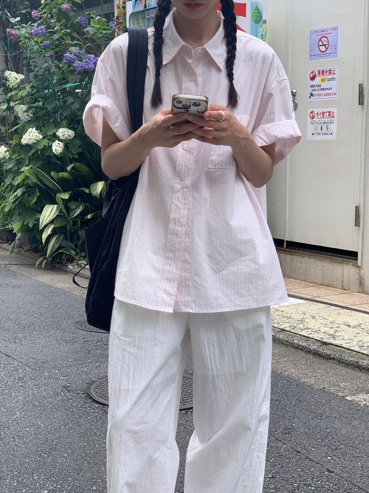 高質條紋寬鬆短袖襯衫