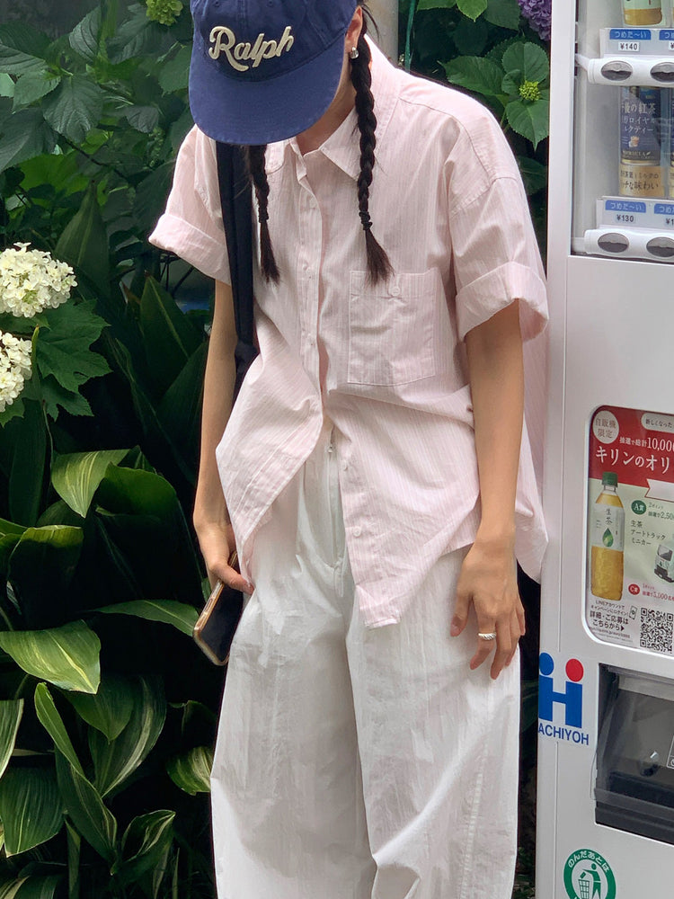 高質條紋寬鬆短袖襯衫