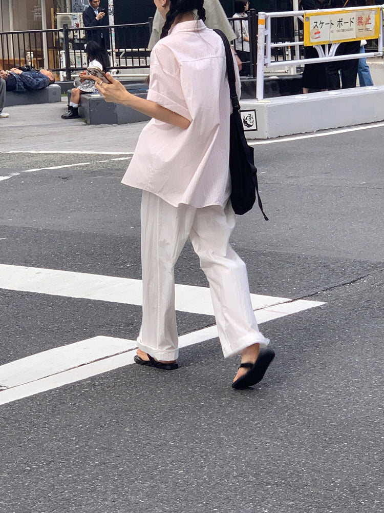 高質條紋寬鬆短袖襯衫