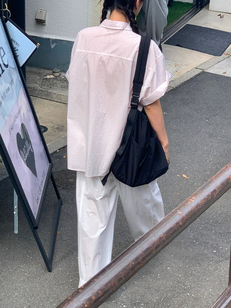 高質條紋寬鬆短袖襯衫