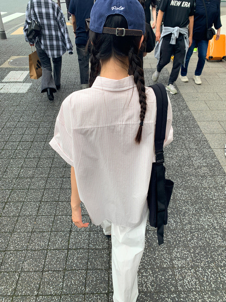 高質條紋寬鬆短袖襯衫