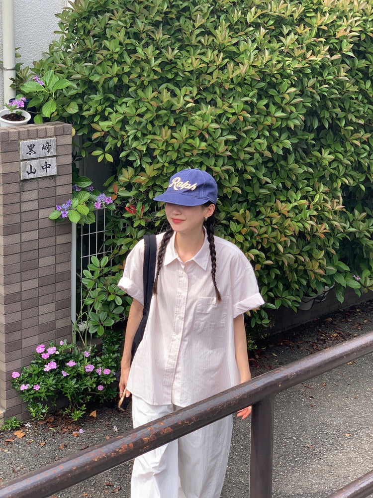 高質條紋寬鬆短袖襯衫