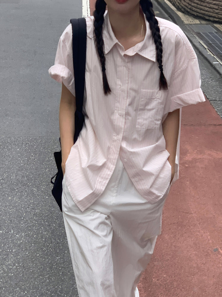 高質條紋寬鬆短袖襯衫