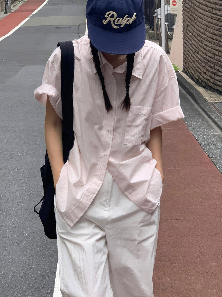 高質條紋寬鬆短袖襯衫