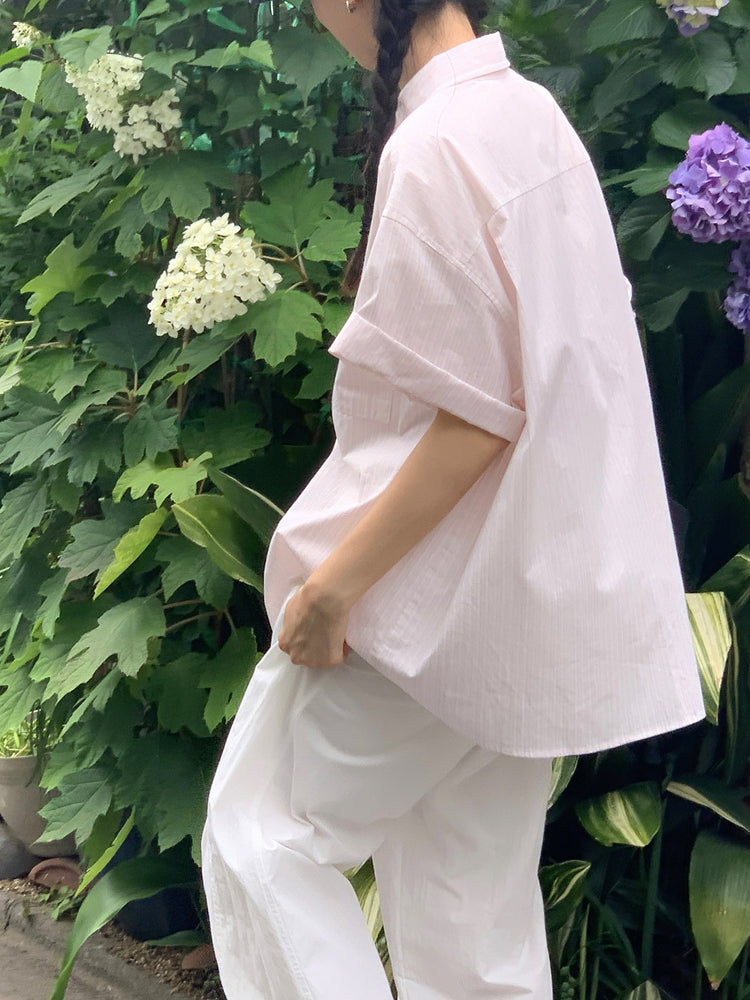 高質條紋寬鬆短袖襯衫